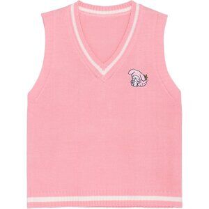 Kawaii Cartoon Sweater Vest Women's Knit Sleeveless School Uniform Anime Pink S
